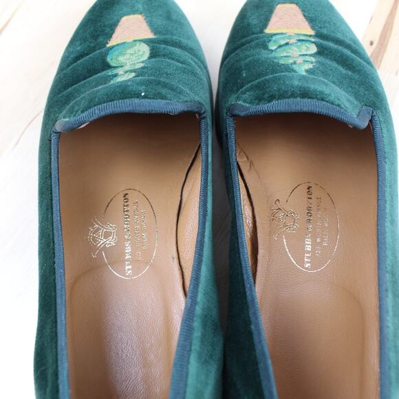 Stubbs Wootton Loafer Womens 6 Green Velvet Embroidered Slip On Comfort Shoe - Picture 9 of 12